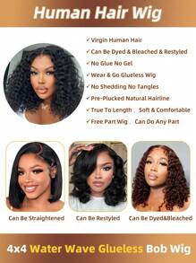 Peruca Bob Sem Cola de 12" Onda de Água com Densidade de 180%, Cabelo Natural com Frente de Laço 4*4 Pré-Arrancado e Descolorido, Tira Ajustável para Ajuste Seguro - Fácil para Iniciantes, Sem Necessidade de Cola, Adequada para Todas as Etnias