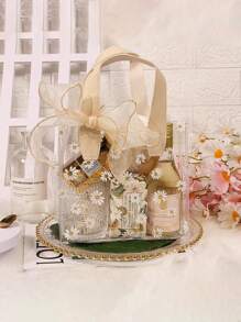 1 pieza Bolso de tote transparente de PVC con estampado de margaritas de verano, bolso de gelatina con estampado de flores frescas y un lazo delicado como bolsa de regalo