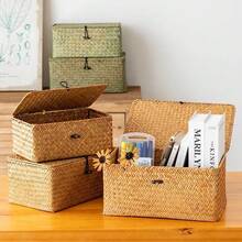 Seaweed Storage Basket Handwoven Storage Box With Lid Cosmetic Storage Box Rectangular Wardrobe Laundry Basket Wicker Basket Storage Basket Box Wicker - Multicolor - View 6