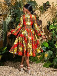 Faeriesty Ethereal Geometric Print Long Sleeve Midi Dress - Elegant Spring/Summer Style, Suitable For Garden Parties, Cultural Events, Vacations, And Transitions From Office To Brunch - Orange - View 2