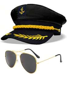 2pcs/Set Captain Hat (Hat + Glasses) Party Hat, Funny Hat Suitable For Holiday Performance, Yacht Party, Beach Party
