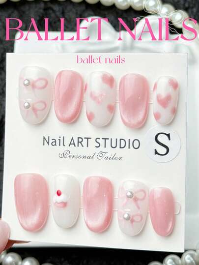 Handmade, Press On Nails Short, Oval False Nails Set - Milk White Solid Color And Pink Cat Eyes With Glossy Finish, Press-On Nails Featuring Cute Pink Love & Hand Drawn Bowknot Accents - Quick Apply Manicure Kit. Press On Nails By Girl Ballet Style. Summer Wears. Transform Your Look With Art Nails. Suitable For Putting In Small Makeup Travel Bag. Nail Supplies Nails