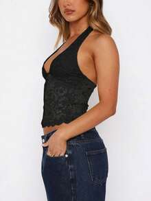 Women Lace Halter Tank Tops Y2K Floral Lace Sleeveless Deep V Neck Ruffle Hem Low Cut Sheer Mesh Crop Top Sexy See Through Backless Vest Shirts Summer Going Out Tops Party Club Streetwear - 黑色 - 查看 3