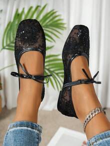 1 双淑女蕾丝平底鞋，带蝴蝶结装饰，一脚蹬款式，适合搭配裙子 - 黑色 - 查看 5