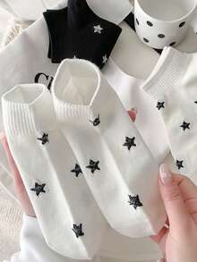 5 Pairs Star Pattern Casual Fashion Women Short Socks, Black & White - Multicolor - View 6