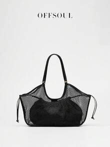 休闲大容量沙滩包，新款时尚百搭轻便网眼女士单肩包，休闲透气镂空托特包，复古腋下包 - 彩色 - 查看 6