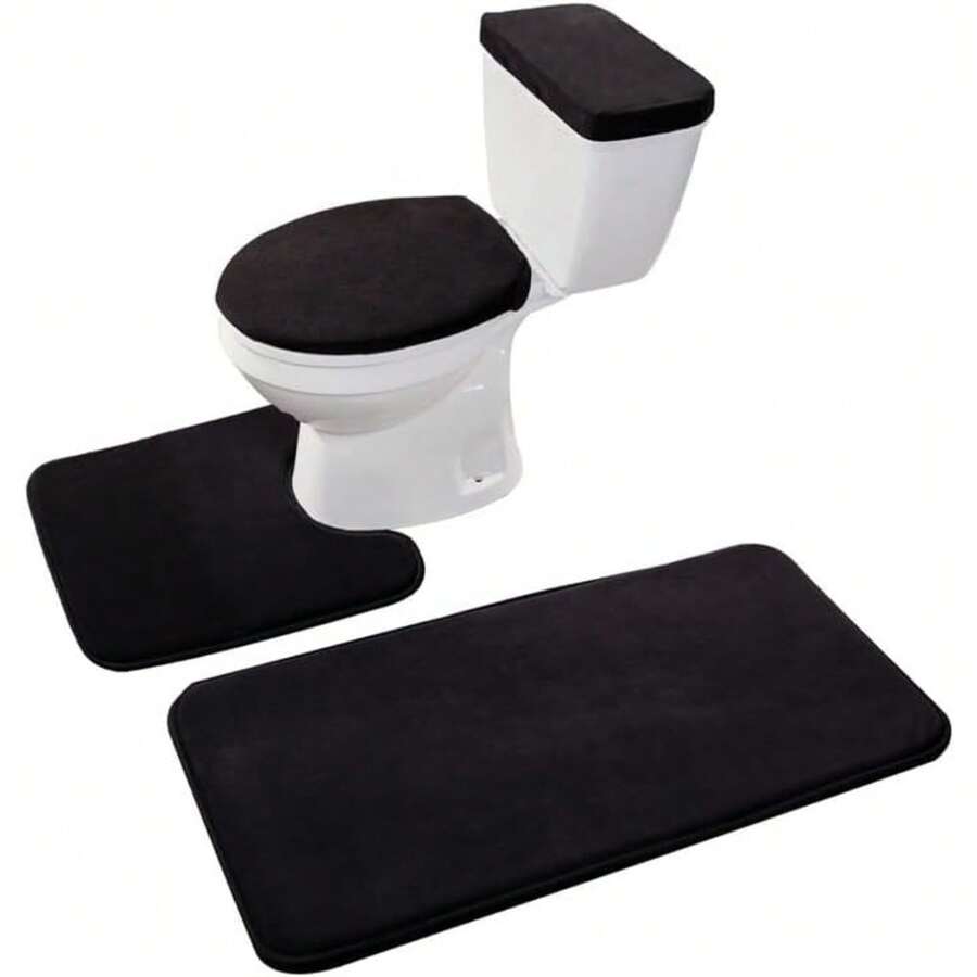 Local Delivery-Madeals Memory Foam Toilet Rug Set 3 Piece And Bathroom Mat With Toilet Lid Cover And Tank Cover Set Black - Black - View 1
