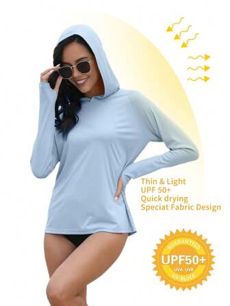 女式 UPF 50+ 防紫外线连帽长袖衬衫，带拇指孔，轻便性能，适合跑步、徒步旅行、钓鱼等户外活动
