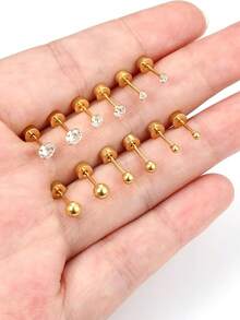 6 Cặp bông tai đinh tán tròn bằng thép không gỉ Zirconia trong suốt dành cho phụ nữ, Bộ bông tai sụn Tragus Daith hình quả bóng nhỏ thời trang dành cho bé gái Quà tặng trang sức - Vàng - Xem 6