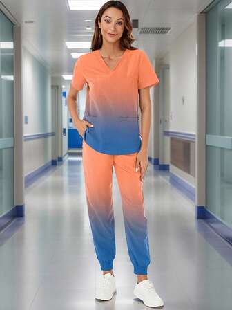 女式V领开叉多口袋渐变松紧腰部手术服护士服工作服适用于牙医、医疗保健、宠物、医院、实验室