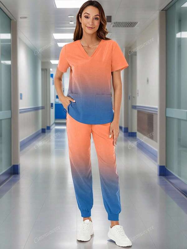 Women V-Neck Split Multi Pockets Gradient Elastic Waist Scrubs Nurse Scrub Uniform Workwear For Dentist, Healthcare, Pet, Hospital, Laboratory