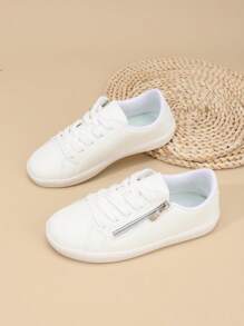 1 Pair Kids PU Leather Lace-Up Side Zipper Classic Student Shoes, Thick Sole Non-Slip Wear-Resistant Comfortable Soft Bottom Casual Sports Sneakers, Suitable For All Seasons