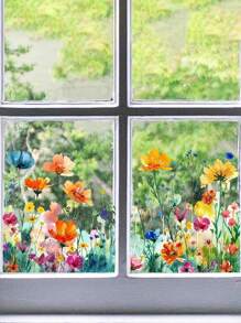 3pcs Home Decor Colorful Flower Bouquet Window Stickers, Garden Stickers For Living Room Bedroom, Home Wall Decor, PVC Removable Window Stickers, Stickers, Wall Stickers, Vinyl Decals For Home Decor, Spring Decorations To Give Your Home A New Look, Rama Decorative Stickers