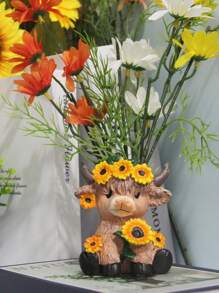 وعاء زهور من الراتنج بتصميمين لبقرة الهضبة، تمثال راتنجي لبقرة الهضبة الاسكتلندية مع دوار الشمس الربيعي، أزواج العجول، ديكور طاولة مكتب أو منزلي مناسب كهدية