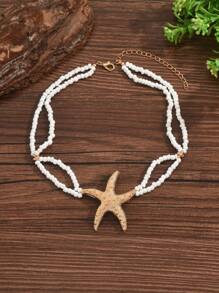 1 pieza Elegante collar de mujer de moda para verano con elementos marinos en estilo bohemio - Estrella de mar dorada, conchas de colores, caracol, pez dorado, caballito de mar, langosta roja, sirena. Cuentas de semillas, piedras, estrella de mar de cristal, incrustación de conchas y caracoles falsos de perla, cadena chapada en oro. Varios diseños encantadores de collares para fiestas de playa y vacaciones