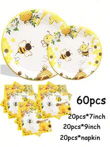 68件套，包括一次性纸盘、蜜蜂主题纸盘、7英寸纸盘、9英寸纸盘、一次性派对餐盘、纸盘 - 彩色 - 查看 13