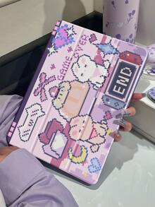 精致可爱的像素兔蝴蝶结双面亚克力透明水晶后盖，防震，适用于iPad 7、8、10代（10.2英寸），内置笔槽，支持睡眠/唤醒功能，可折叠支架，节日/新年礼物