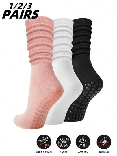 1/2/3 Pairs Women Colorful Yoga Socks, Breathable Tube Long Socks With Non-Slip Silicone, Suitable For Sports, Ballet, Yoga
