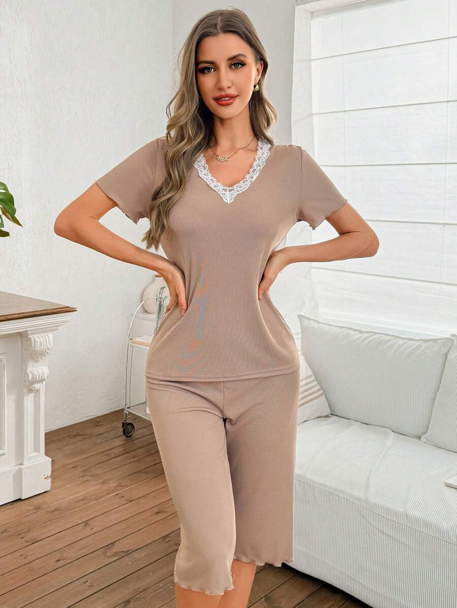 Women Lace Trim Color Block Short Sleeve Top & Shorts Pajama Set, Suitable For Spring, Summer - Khaki - View 1