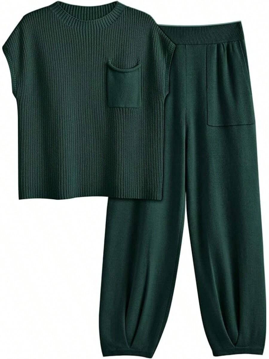 2 Piece Knit Sets Women Sweatsuit Sets - Green - View 1