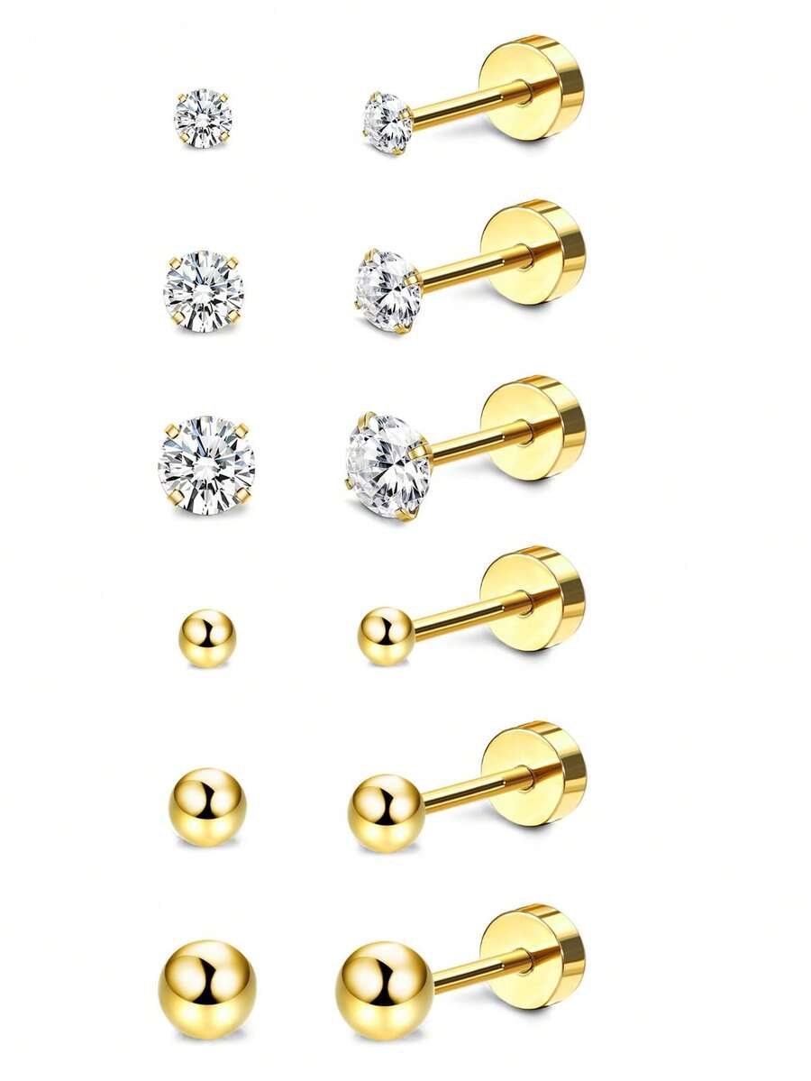 6 Cặp bông tai đinh tán tròn bằng thép không gỉ Zirconia trong suốt dành cho phụ nữ, Bộ bông tai sụn Tragus Daith hình quả bóng nhỏ thời trang dành cho bé gái Quà tặng trang sức - Vàng - Xem 1