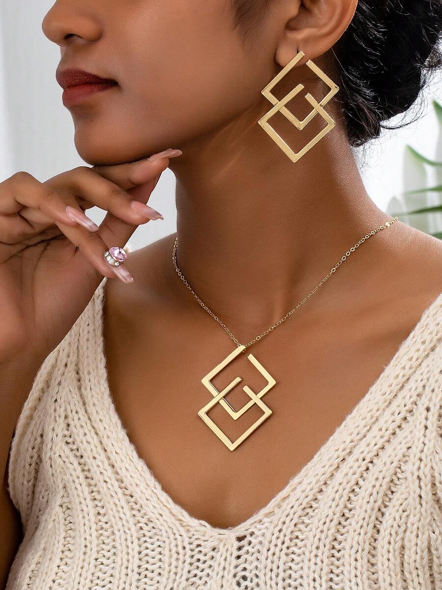Set de collar y aretes con 3 piezas, con colgante hueco cuadrado geométrico, joyería vintage exagerada para mujeres - Amarillo Oro - Ver 1