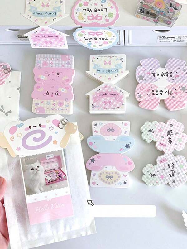 40 peças/conjunto 8 estilos de cartões fofos em formato de desenho animado, cabeças de cartão, feijões de amor, materiais de embalagem, joias de caça às estrelas, presentes de confeitaria, fabricação de cartões, presente para mulheres, cartão de embalagem essencial, material escolar, volta às aulas