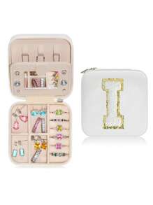 1pc Portable Travel Jewelry Box, Custom Lettered (A-Z) Organizer, Multi-Layer Jewelry Case With Mirror And Makeup Brush Holder, Suitable For Rings, Necklaces For Women Storage Organizer Travel Essentials Back To School Dormitory Storage