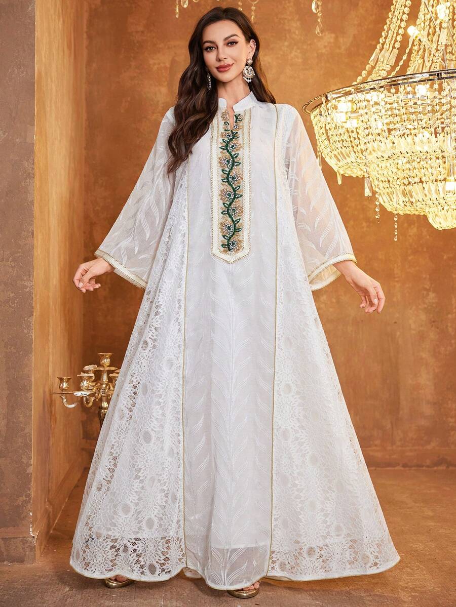 Vestido de noche formal con mangas largas, suelto, de malla sólida, con encaje y aplicaciones de strass - Blanco - Ver 1