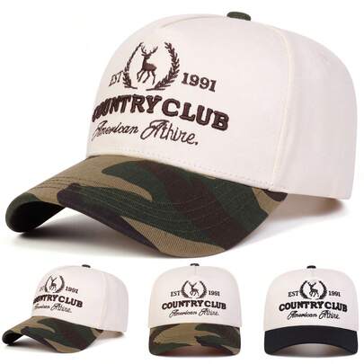 1pc Men's Est 1991 Country Club American Athire Trucker Hat, Deer Graphic Embroidered Baseball Cap, Street Fashion Five-Panel Hat, Outdoor Sun Protection Casual Cap For Spring, Autumn Travel, Beach Vacation