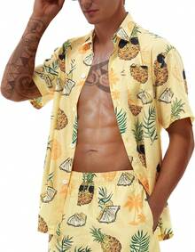 Hawaiian Shirts For Men Short Sleeve Casual Button Down Shirt Summer Beach Aloha Shirt Holiday Party Tropical Printhalloween - Green Flowers - View 3