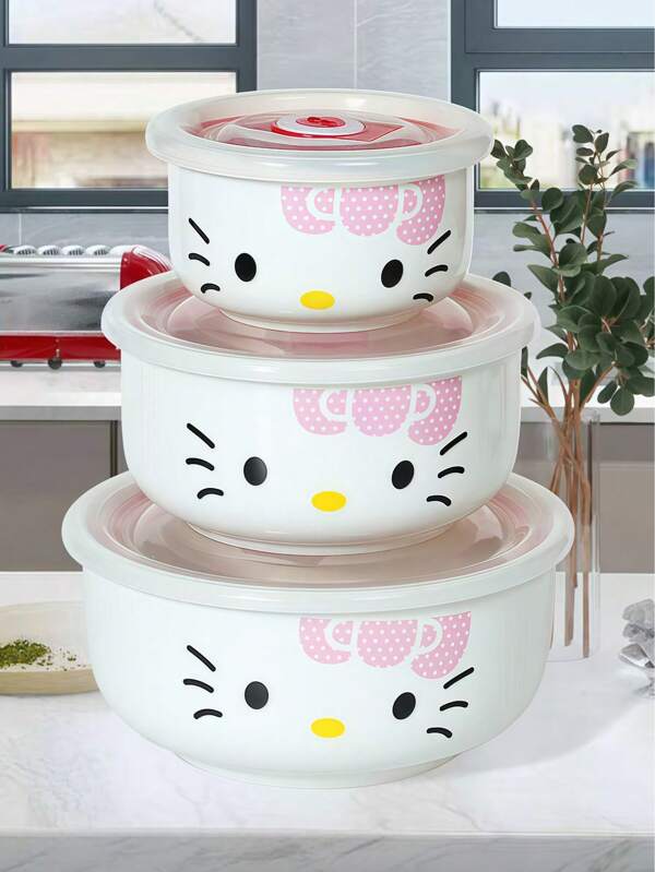 Sanrio Set de 3 piezas de fiambrera cerámica Hello Kitty con tapa, que incluye bol para postre, juego de recipientes de almacenamiento de refrigerador, bol para almuerzos, platos y recipientes cerámicos reutilizables, adecuados para platos fríos, comida cocida, postres, comida para fiestas, almacenamiento apilable, adecuado para reuniones familiares, útiles escolares