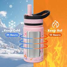 2 Pack Insulated Kids Water Bottle,  14oz Stainless Steel Water Bottles With  Straw Lid, -FREE Lead-Free Double Wall Leak Proof Drink Cups Flask For School (Blue Car +Blue Dinosaur) - 粉紅色/藍色 - 查看 3