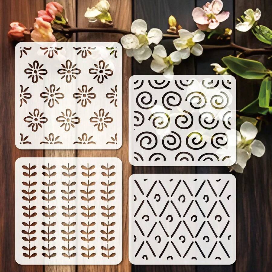 4pcs Geometric Border Stencils, Reusable Texture Stencils, Suitable For Painting On Wood, Walls, Scrapbooks, Furniture, Fabrics, Back To School Season, School Supplies - White - View 1
