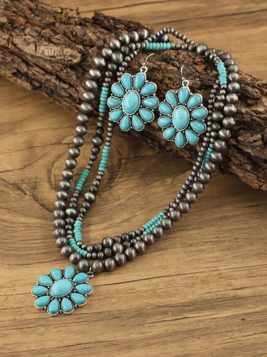 1 Set: 2pcs Necklaces + 1 Pair Earrings, Retro Cowboy Style Faux Turquoise Fashion Jewelry Set For Women - Antique Silver - View 1