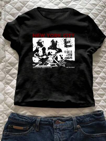 女款 Y2K 纽约乐队图案短袖 T 恤