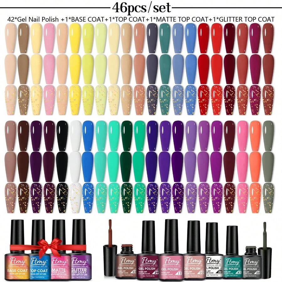 FTMY 2025 Fashion  46pcs Gel Nail Polish Set Big  Comfortable Shiny Dustproof Sunproof Lasting No Peel 42 Colors With Snow Base Top Matte Glitter Coats For LED Lamp Perfect Gift For Girlfriend Mom Or Daughter - 彩色 - 查看 1