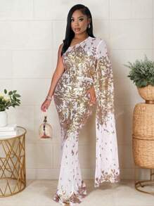 1pc One-Shoulder Long Sleeve Mesh & Sequin Patchwork Party Dress
