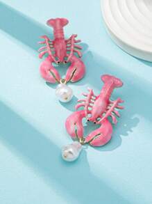 1 Pair Summer Ocean Beach Style Enameled Lobster Earring , Crayfish Crawfish Post Earrings , Creative Fashionable Women Jewelry Suitable For Beach , Travel , Vocation