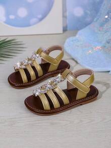 Girls Princess Shoes, 2025 Summer New Sweet Children Butterfly Flower Roman Sandals, Little Girls Soft-Sole Flat Beach Shoes - Gold - View 1