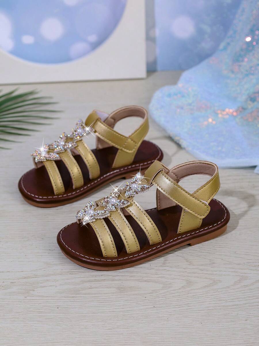 Girls Princess Shoes, 2025 Summer New Sweet Children Butterfly Flower Roman Sandals, Little Girls Soft-Sole Flat Beach Shoes - Gold - View 1