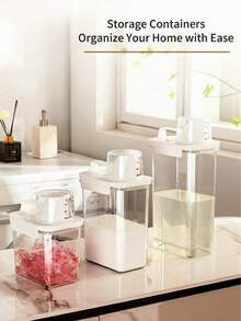 1 pieza Recipiente de almacenamiento transparente a prueba de humedad, multifuncional, a prueba de fugas con taza medidora, para detergente de ropa