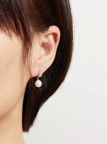 ELSEDES 1 Pair S925 Sterling Silver Pearl Embellished Earrings, Showcasing Fashionable Charm, Quality Jewelry, Suitable For Women's Daily, Party, Anniversary Outfits