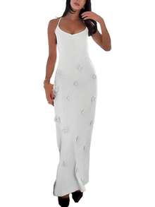 Women's Knit Maxi Dress Spaghetti Strap Floral Dresses Bodycon Knitted Beach Long Dress Backless Swim Cover Up Dresses - 白色 - 查看 1
