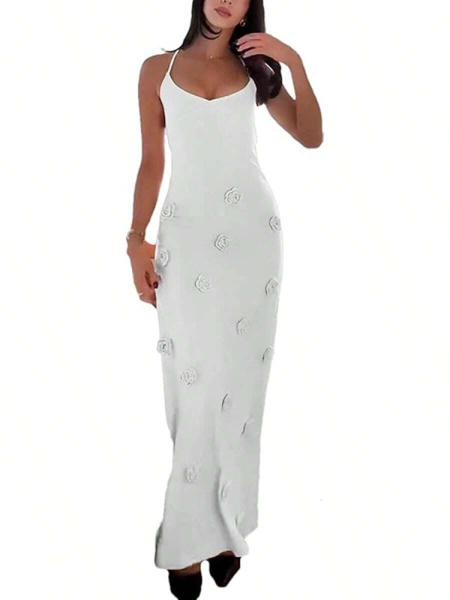 Women's Knit Maxi Dress Spaghetti Strap Floral Dresses Bodycon Knitted Beach Long Dress Backless Swim Cover Up Dresses - 白色 - 查看 1