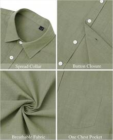 Men's Cotton Linen Short Sleeve Shirts Casual Lightweight Button Down Shirts Vacation Beach Summer Tops With Pocket - 橄欖綠 - 查看 5