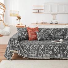 Large Sofa Cover Chenille Couch Cover 2 Cushion Couch, Modern Beige Khaki Striped Washable Sectional Sofa Protector With Tassel 71X118, Sofa Covers 2025 - 9# Boho Geometry Black - View 1