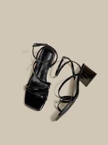 Sandalias de tacón con plataforma y tiras cruzadas en X negro con puntera abierta para mujer, sandalias de tacón alto tipo gladiador con cordones para el verano