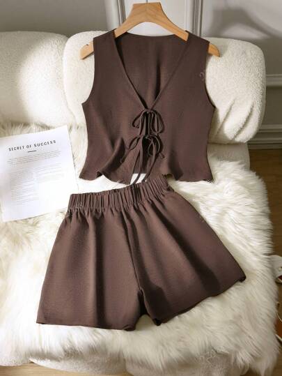 2pcs Solid Color Casual Knotted Design Women Outfit, Spring/Summer