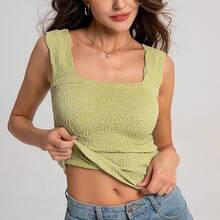 S.Women's Square Neck Wide Strap Crop Tops Flower Going Out Tops Lettuce Trim Crop Cami Tops - Green - View 5